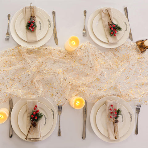 Snowkingdom table runner suitable for indoor and outdoor events with low maintenance fabric.