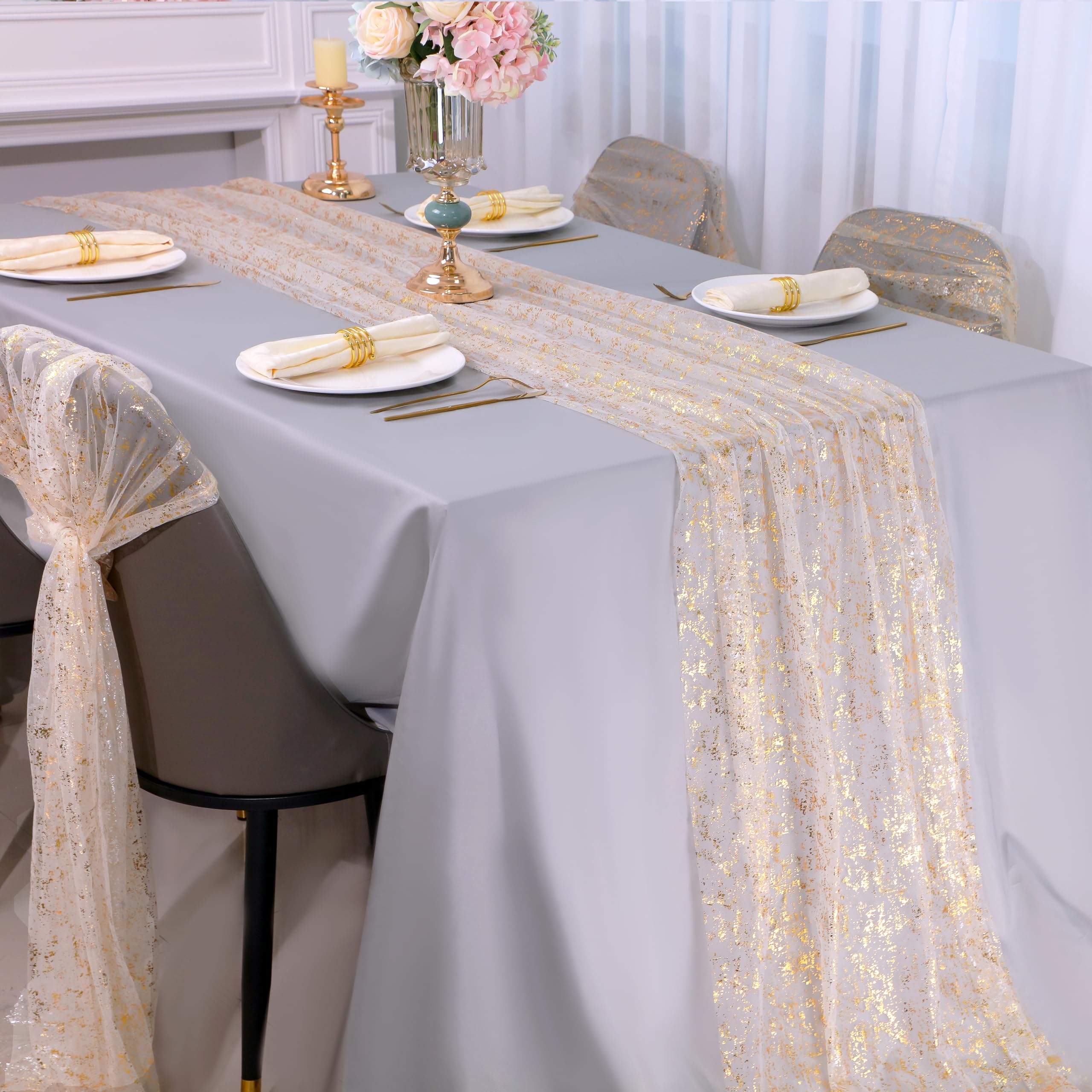 Snowkingdom sheer chiffon gold runner showcases a glamorous centerpiece for events.