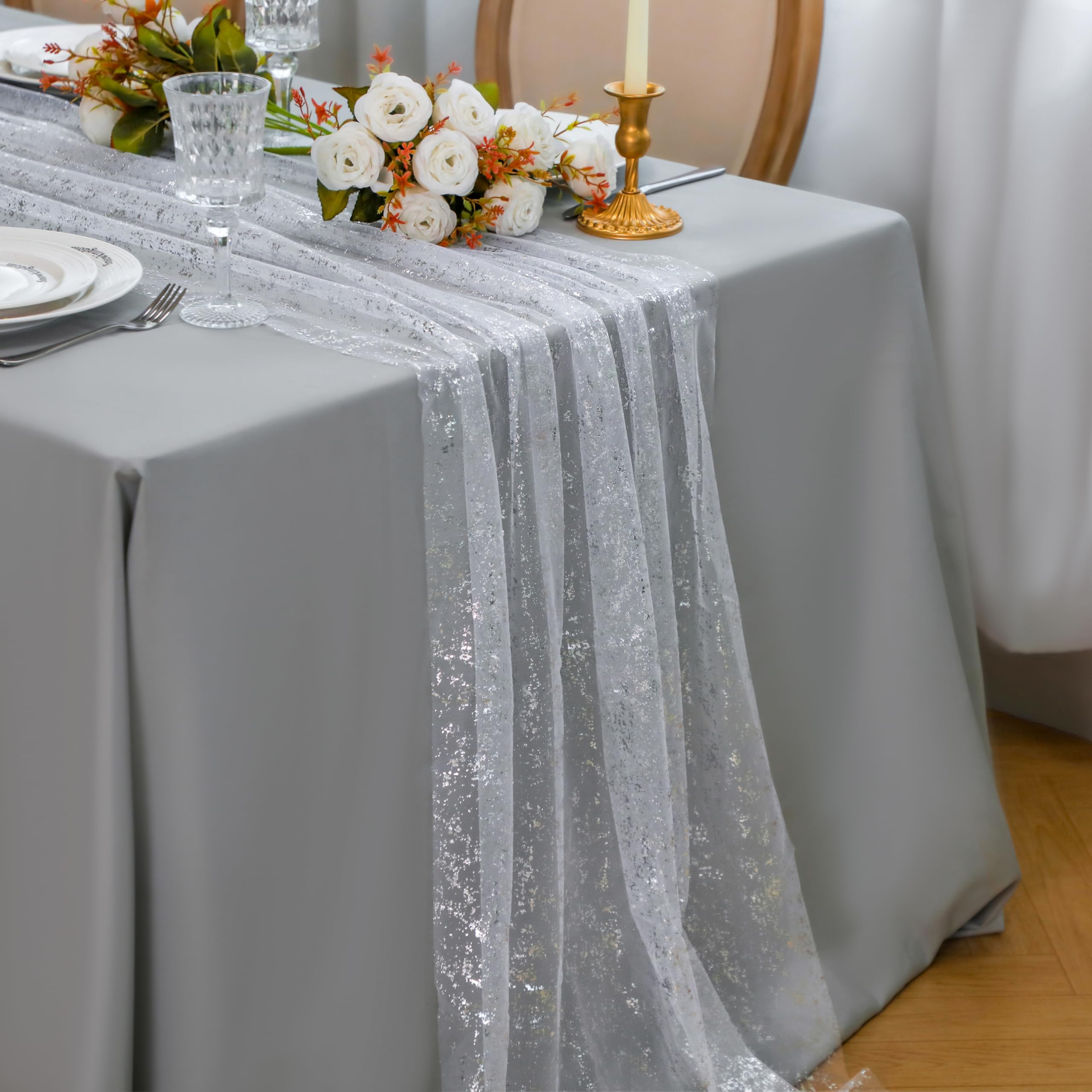 Snowkingdom sheer gauze runner with glittering sequins for elegant table draping.