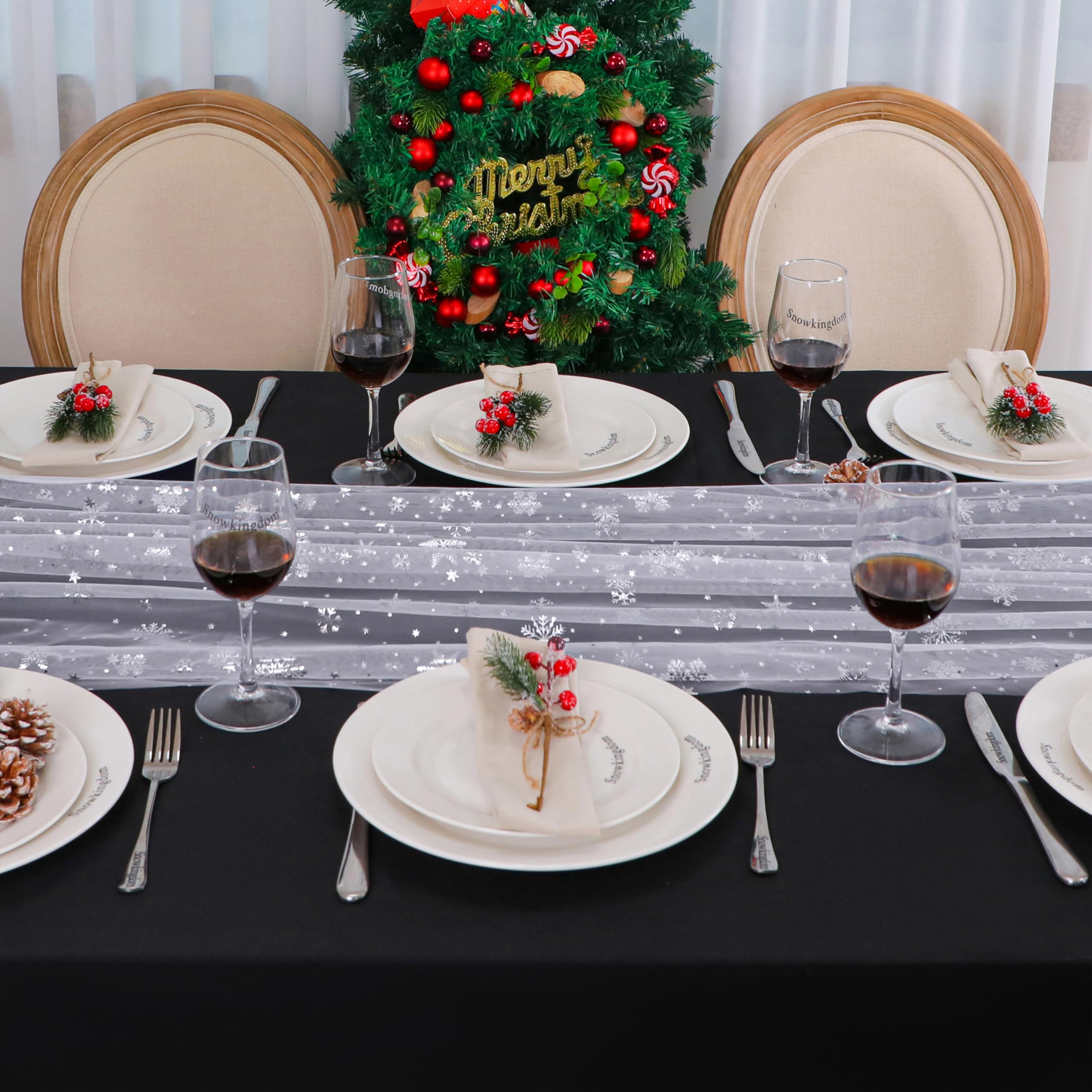 Snowkingdom table runner on a dining table creates festive holiday decor.