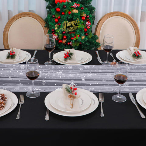 Snowkingdom table runner on a dining table creates festive holiday decor.