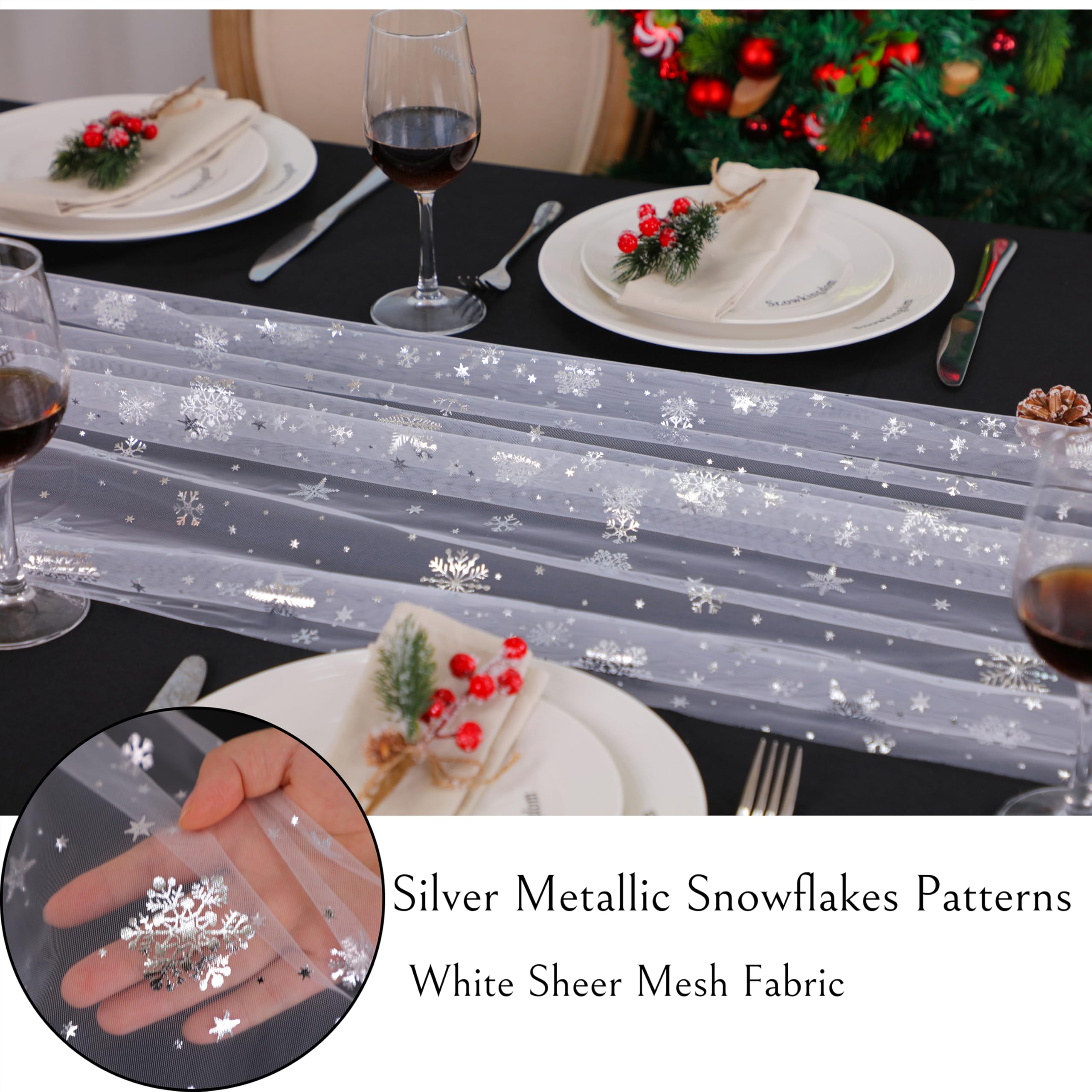Snowkingdom snowflake runner with glittery sequin accents for holiday sparkle.