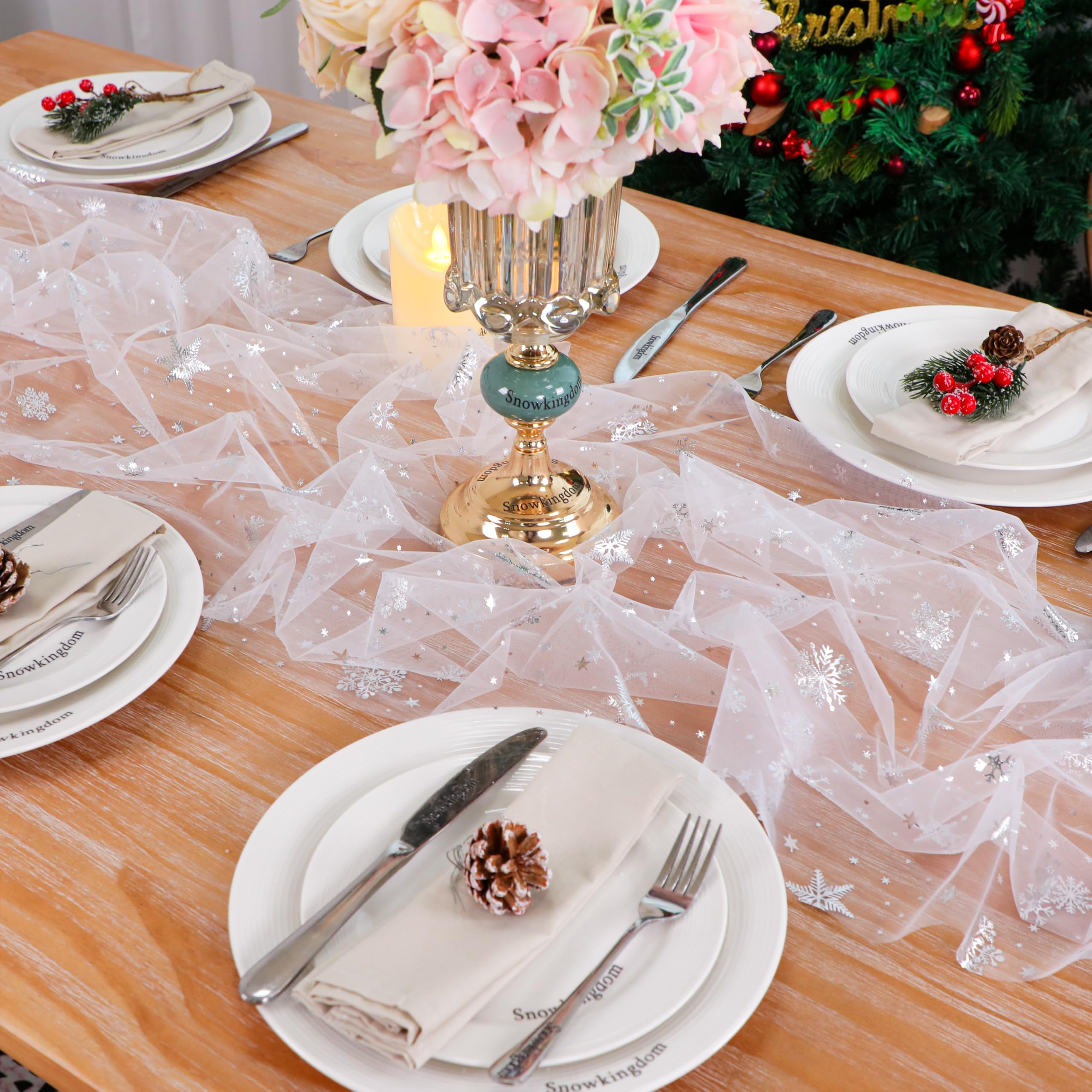 Snowkingdom runner enhances winter party table settings with subtle sparkle.