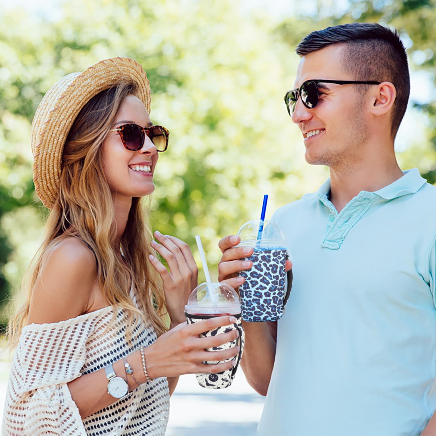 Snowso cow-print sleeve on desk as a stylish beverage accessory