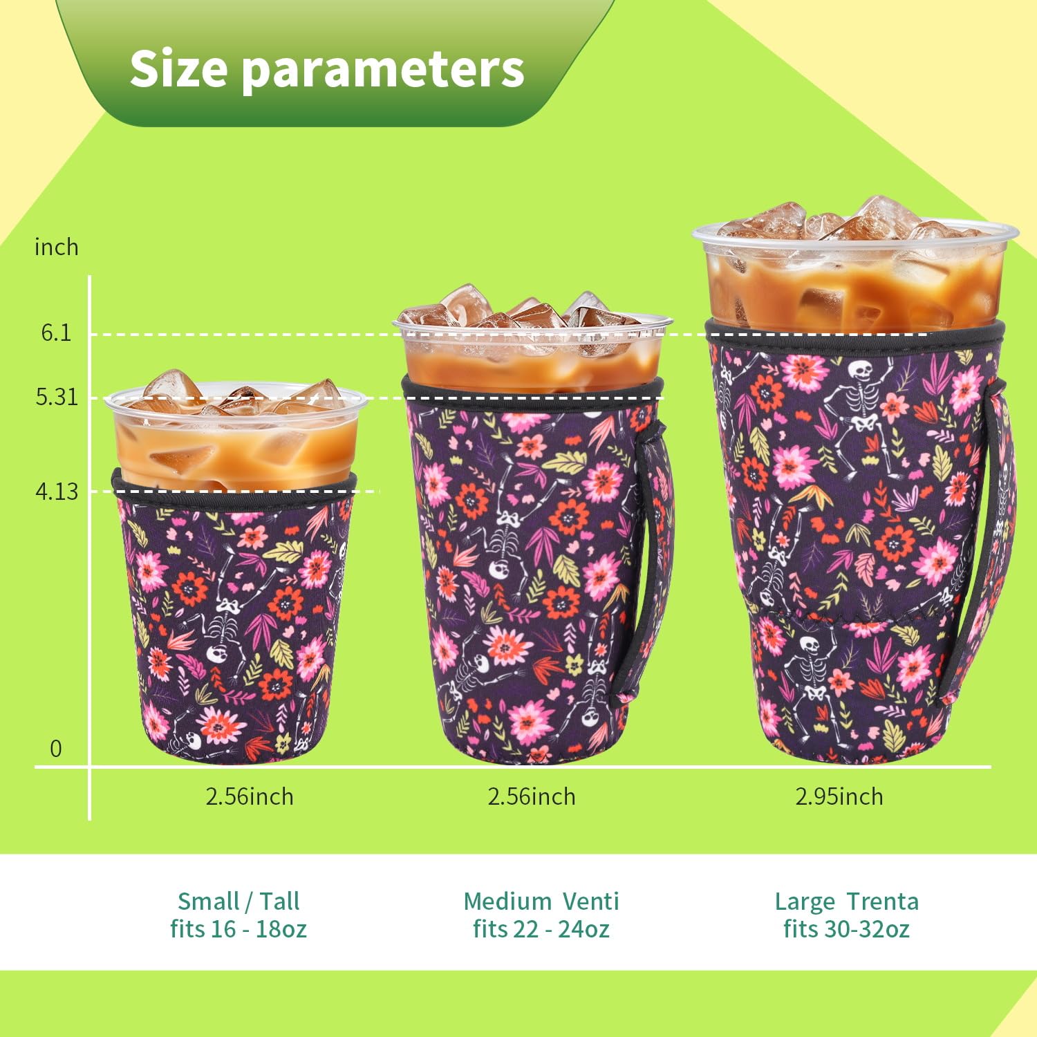 Snowso Skeletons Floral medium iced coffee sleeve with handle for easy carrying.