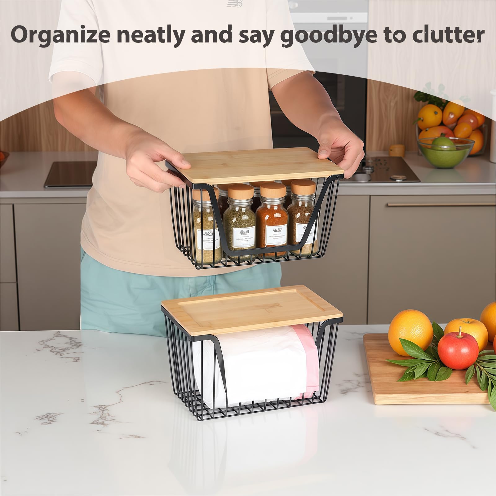 Snpwne stackable organizer maximizes vertical pantry space.