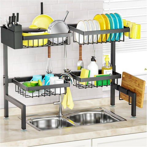SNSLXH 2-tier dish drying rack extended beside a sink for extra capacity.