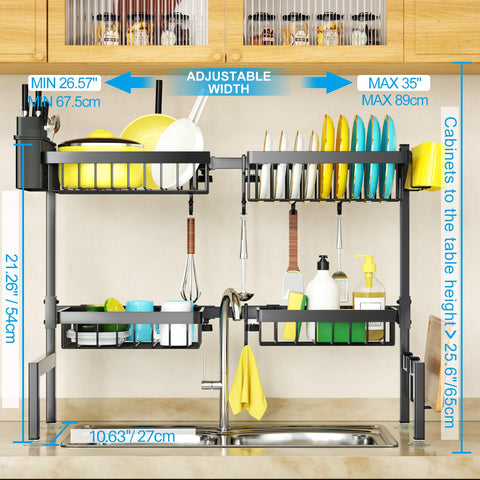 SNSLXH over-sink rack retracts from 26.57 to 35 inches for a flexible fit.