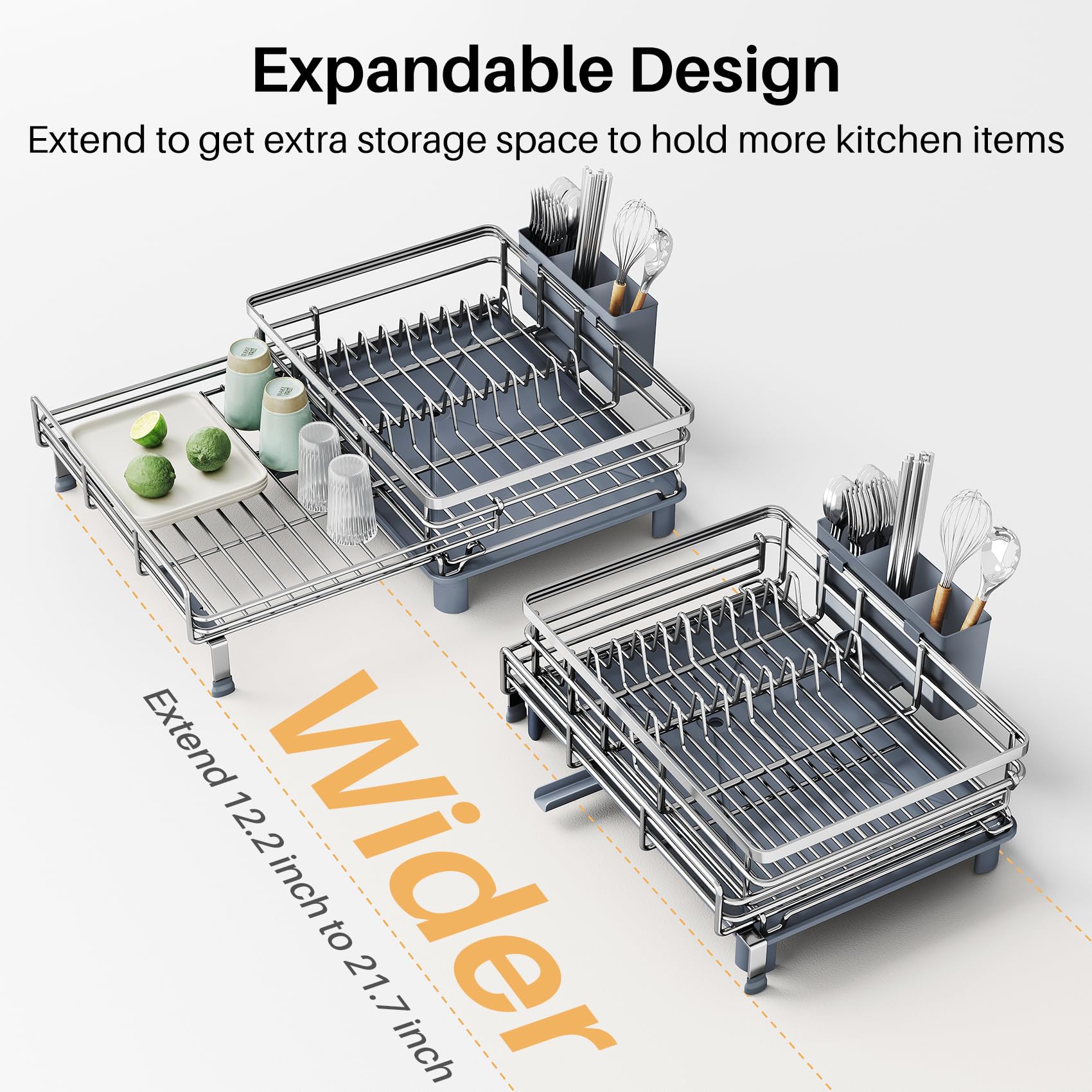 SNTD adjustable feet over-sink rack adapts to different sink widths for stability.