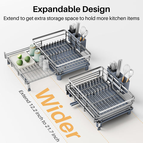 SNTD adjustable feet over-sink rack adapts to different sink widths for stability.
