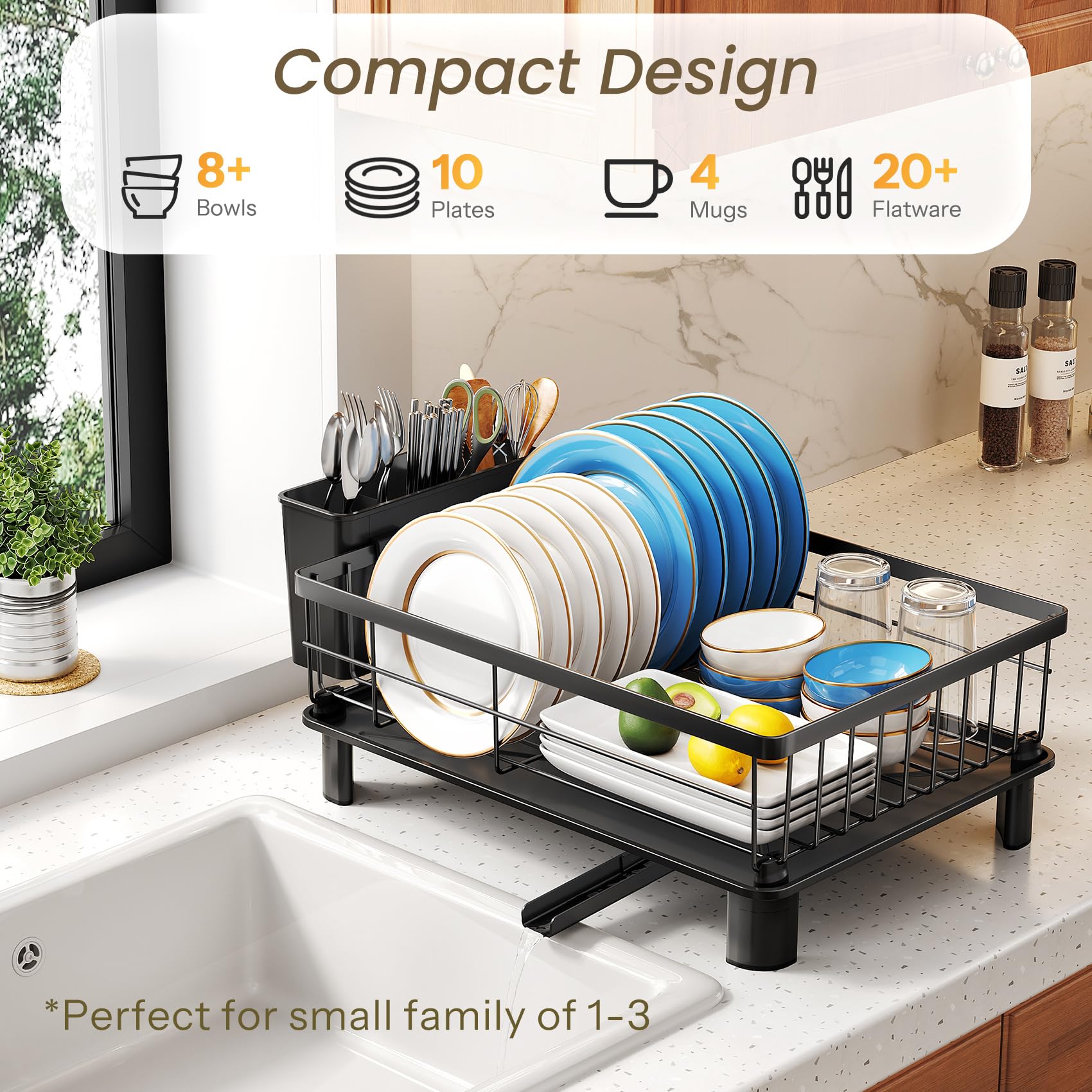 SNTD dish drying rack with angled drainboard keeps water away from counters after washing