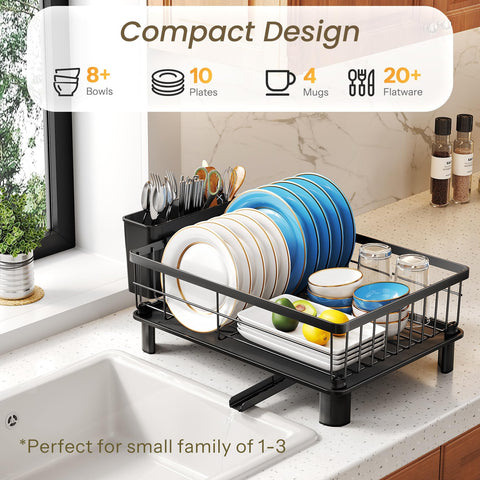 SNTD dish drying rack with angled drainboard keeps water away from counters after washing