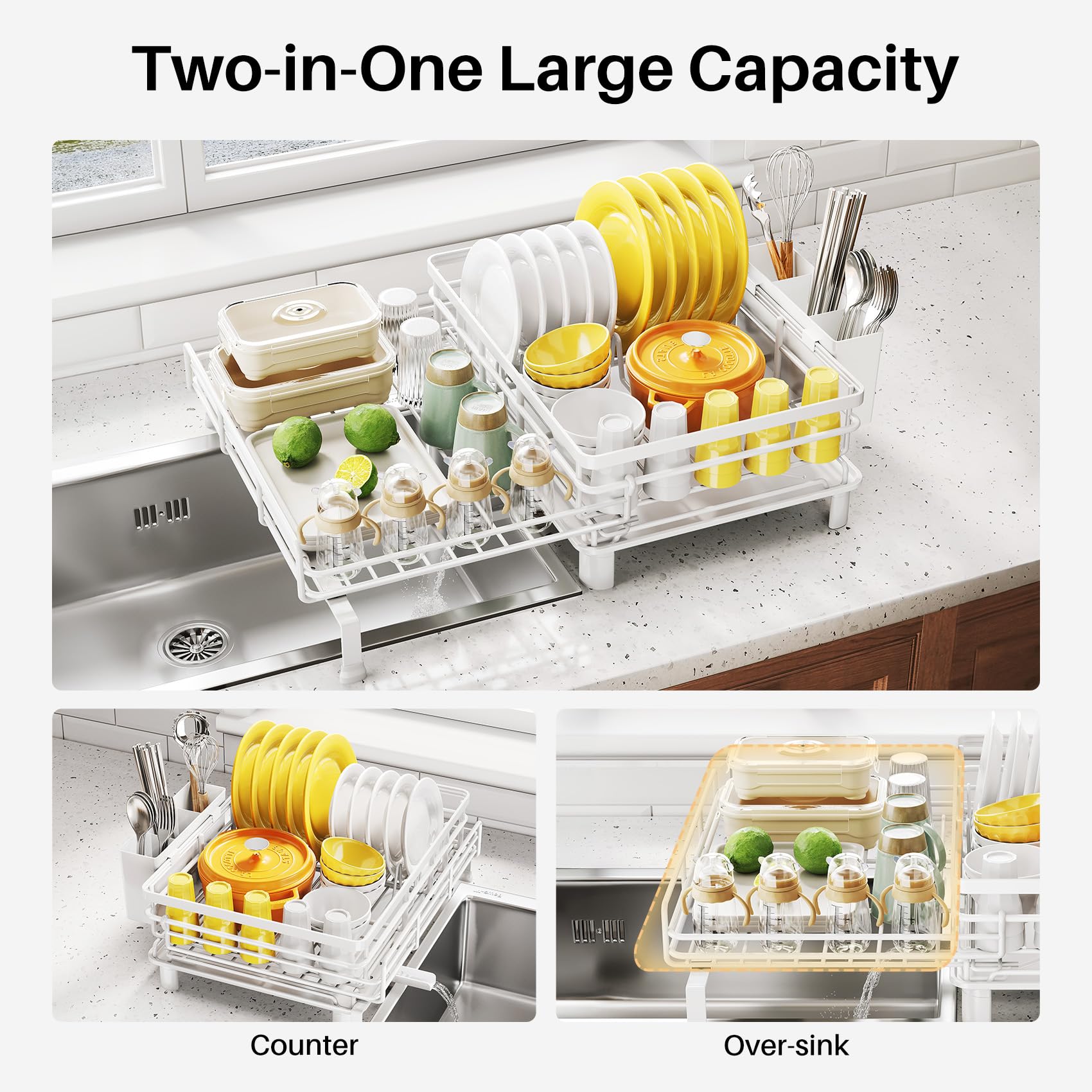 SNTD dish drying rack angled drip tray drains into sink to prevent pooling