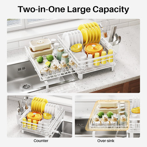 SNTD dish drying rack angled drip tray drains into sink to prevent pooling