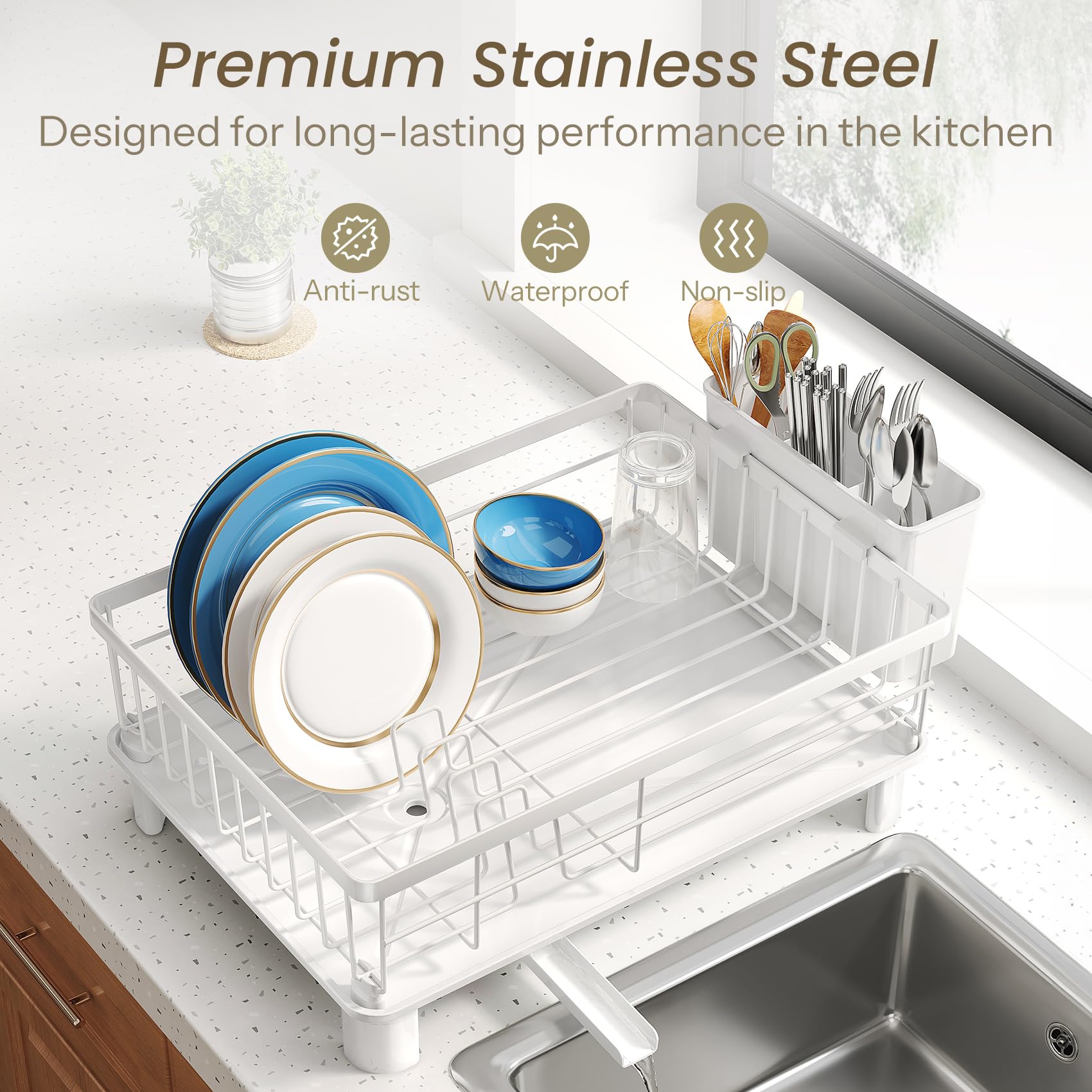 SNTD anti-slip caps protect countertops while keeping the rack stable.