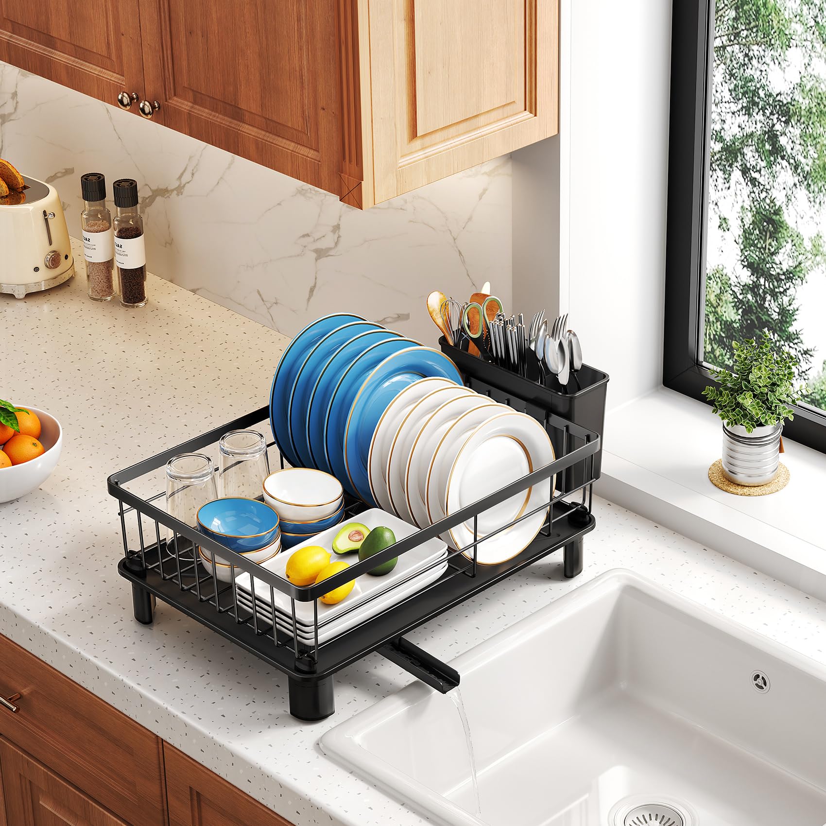 SNTD dish drying rack with black finish adds a sleek look to modern kitchens