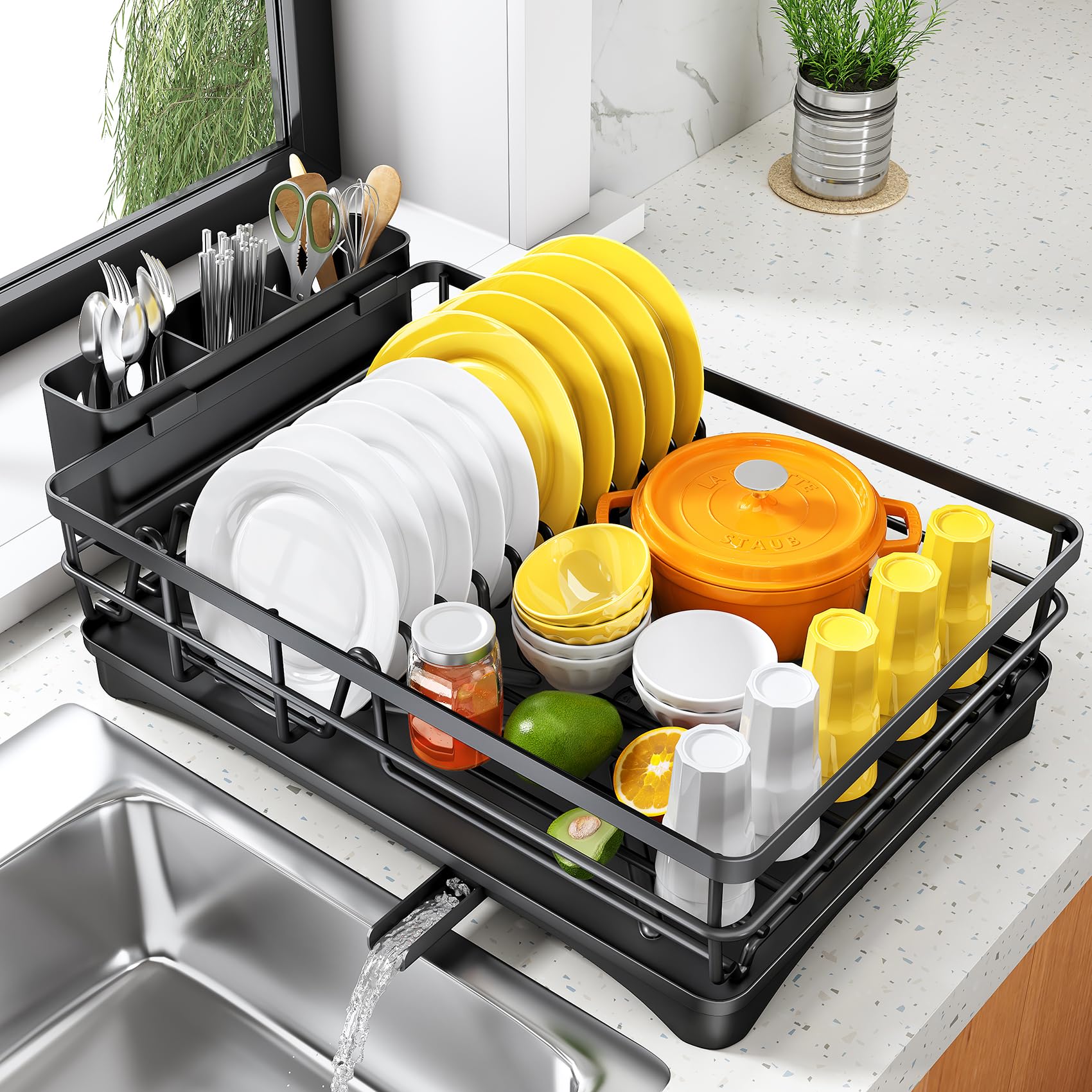 SNTD dish drying rack for compact kitchen shows efficient space use.