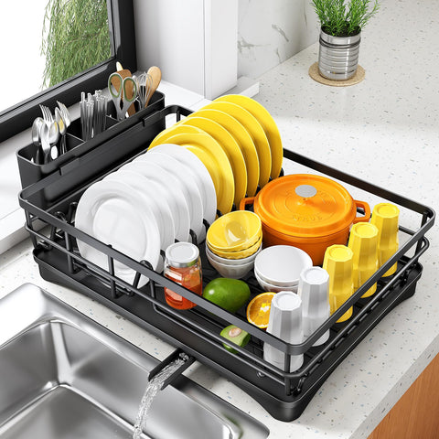 SNTD dish drying rack for compact kitchen shows efficient space use.