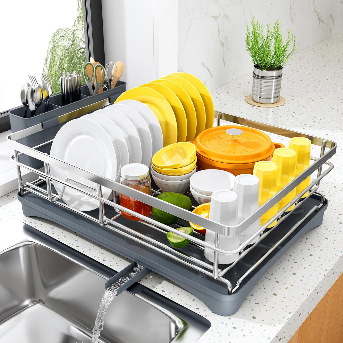SNTD dish drying rack on counter with drainboard, promoting drip-free drying.