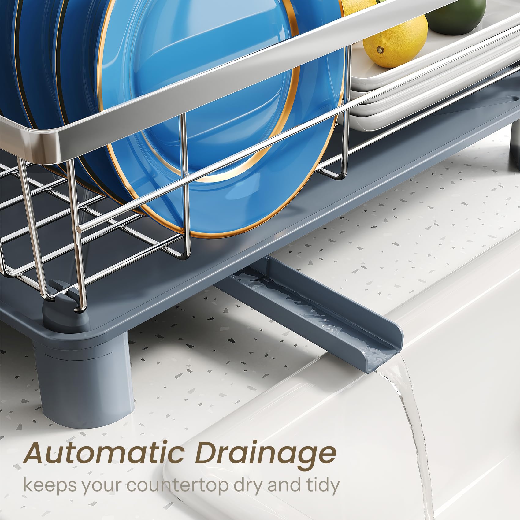 SNTD dish drying rack with angled drainboard channels water into the sink