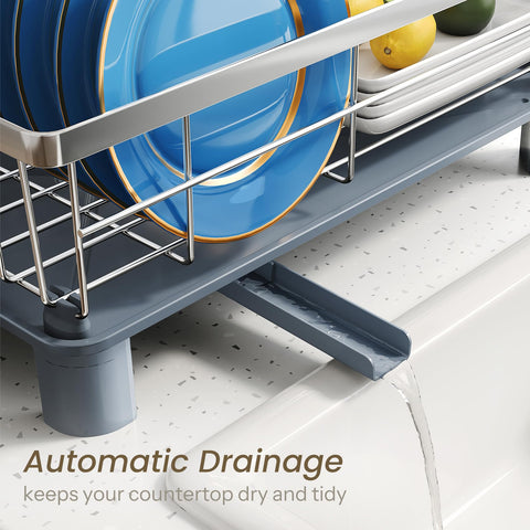 SNTD dish drying rack with angled drainboard channels water into the sink