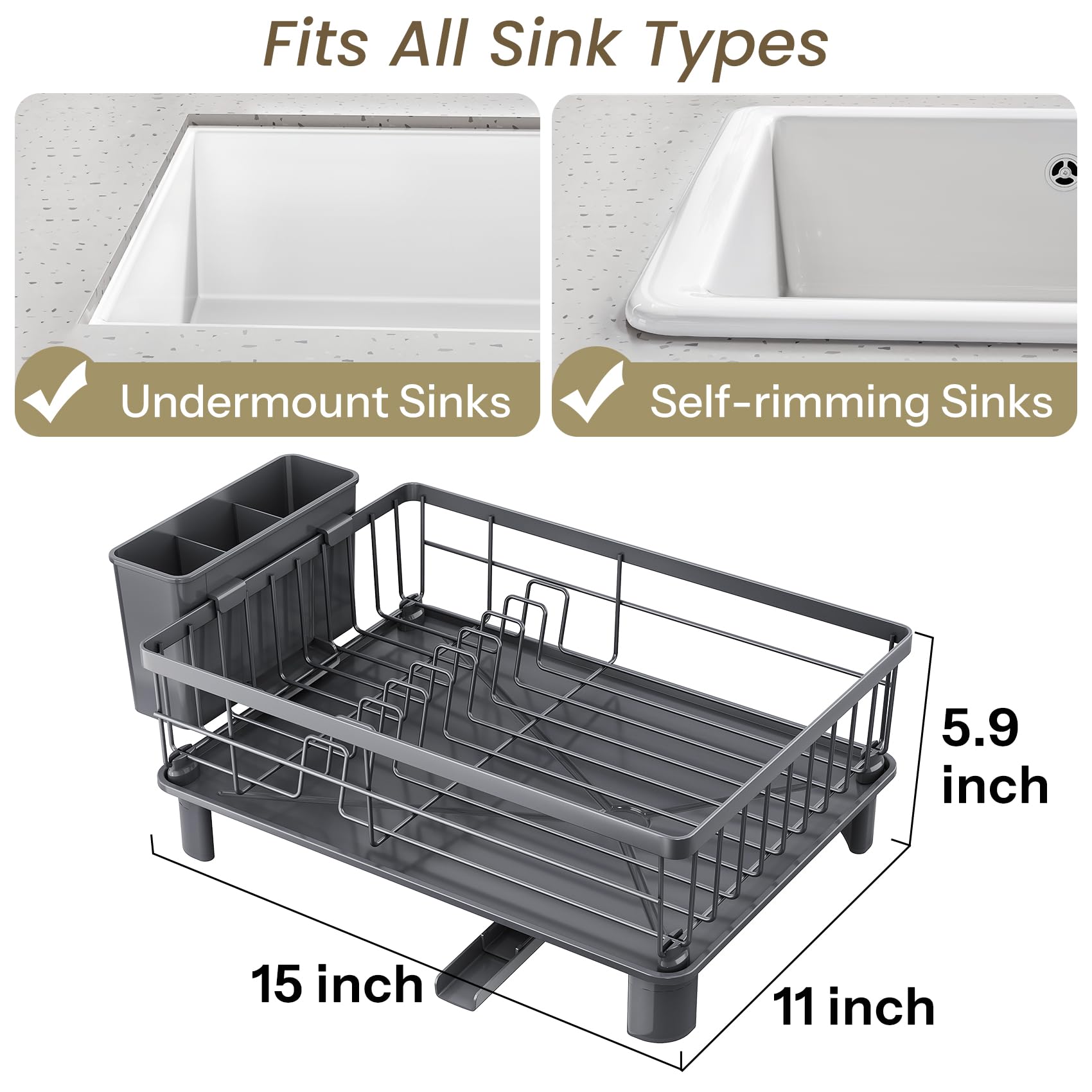 SNTD dish drying rack drainboard with spout directs water to sink for a dry countertop.