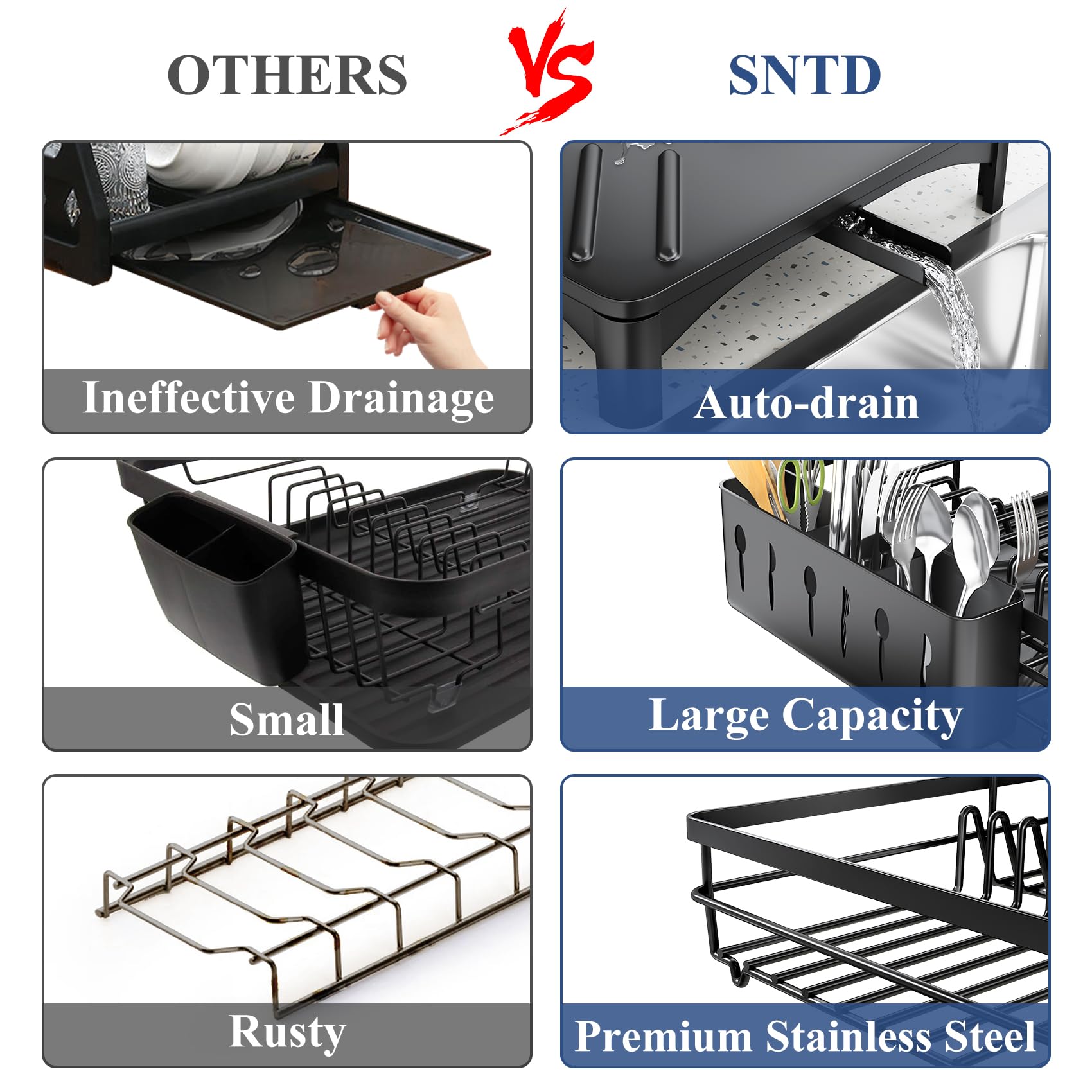 SNTD dish drying rack drainage system with spout and drainboard.