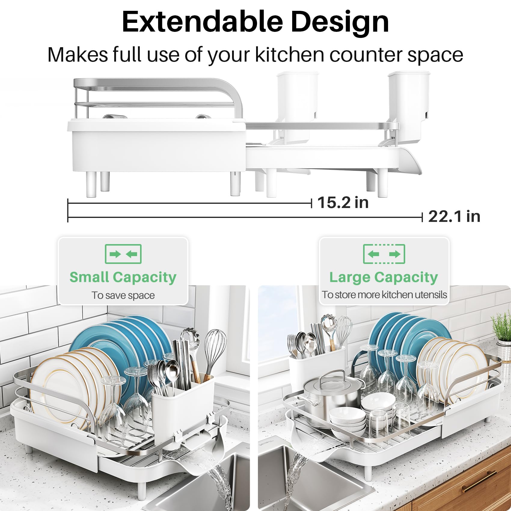 SNTD dish drying rack with drainboard keeps water away from counters.
