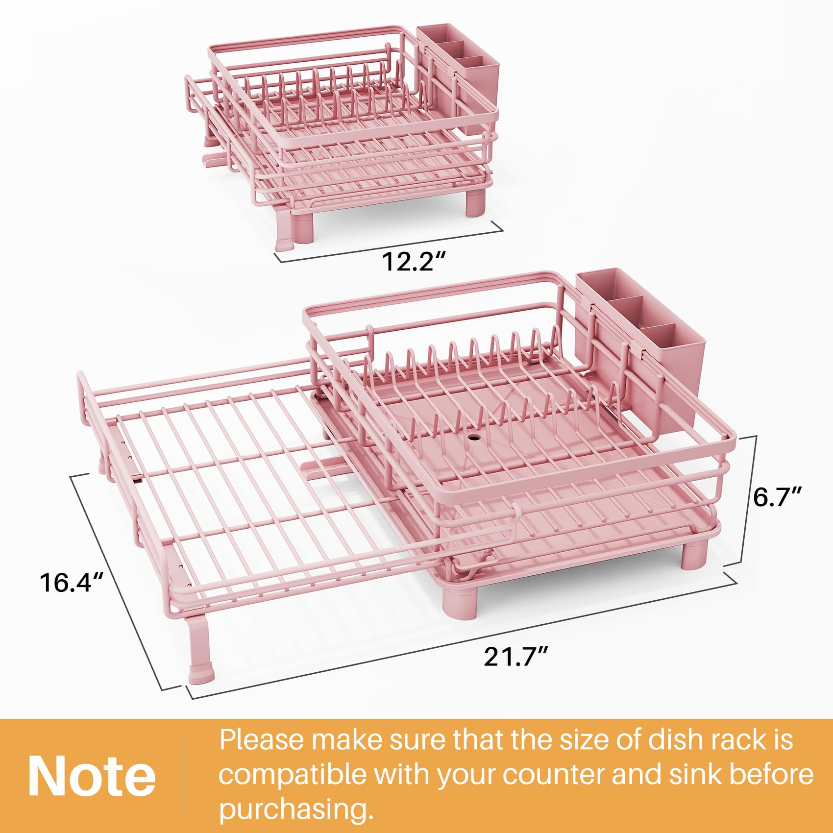 SNTD dish drying rack with angled drip tray directs water into sink to keep counters dry