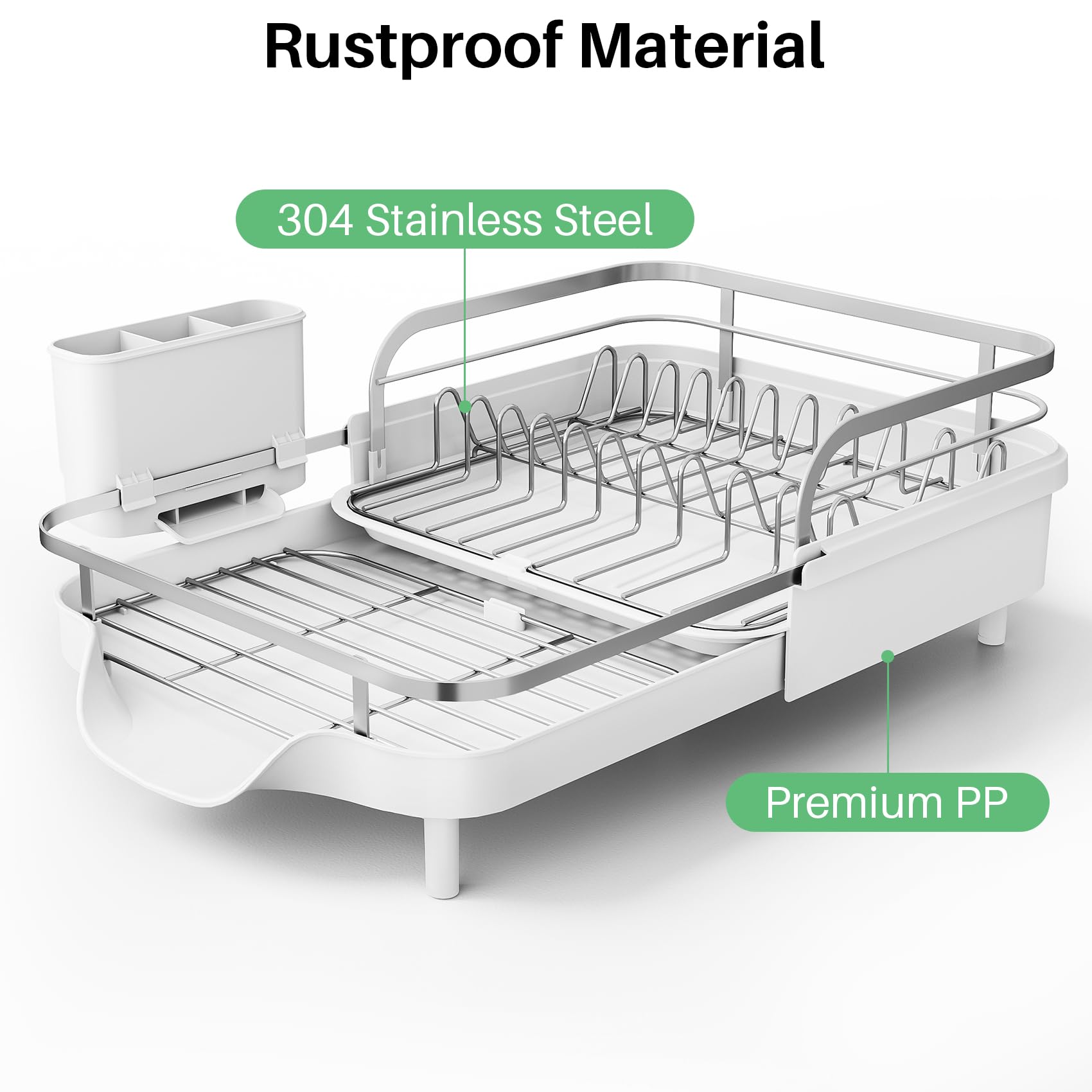 SNTD dish drying rack with drip tray directs moisture into sink.