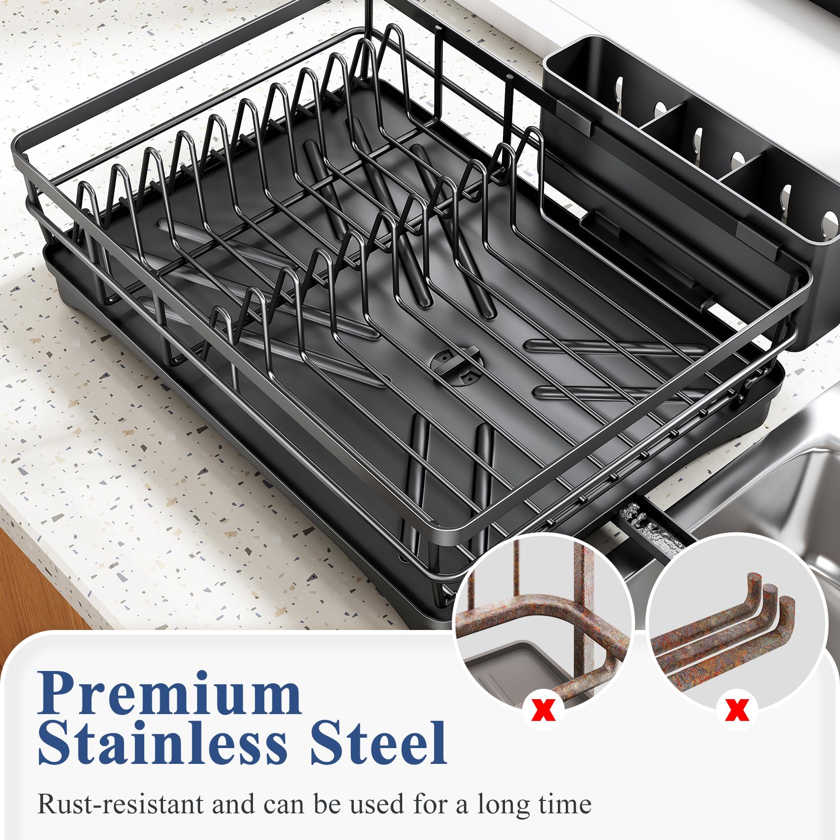 SNTD dish drying rack elevated rails protect dishes from falling.