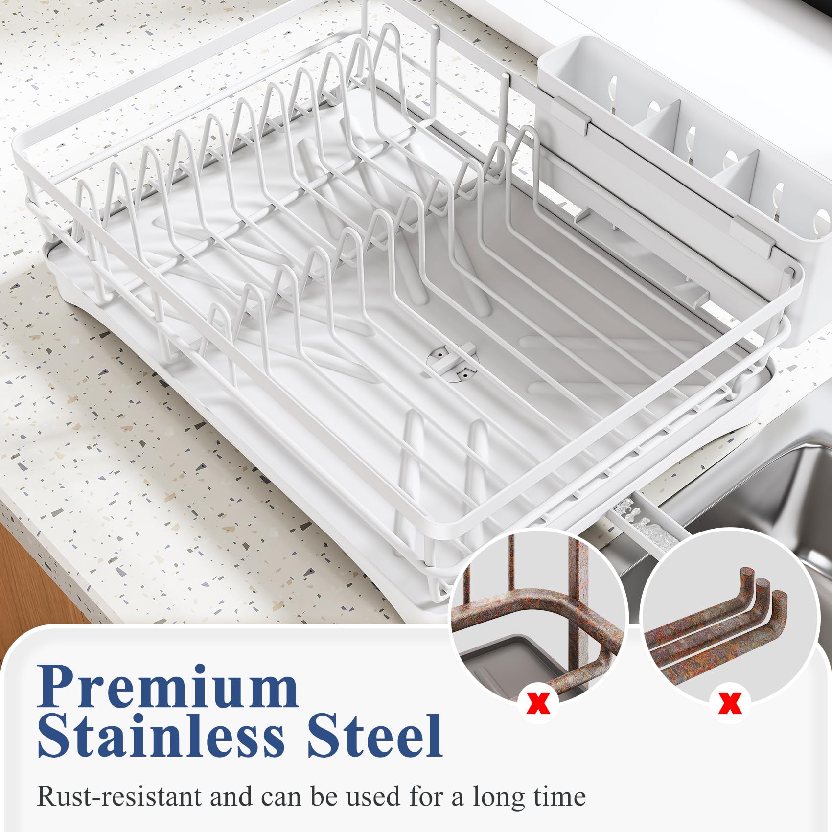SNTD dish drying rack elevated rails protect dishes during drying.