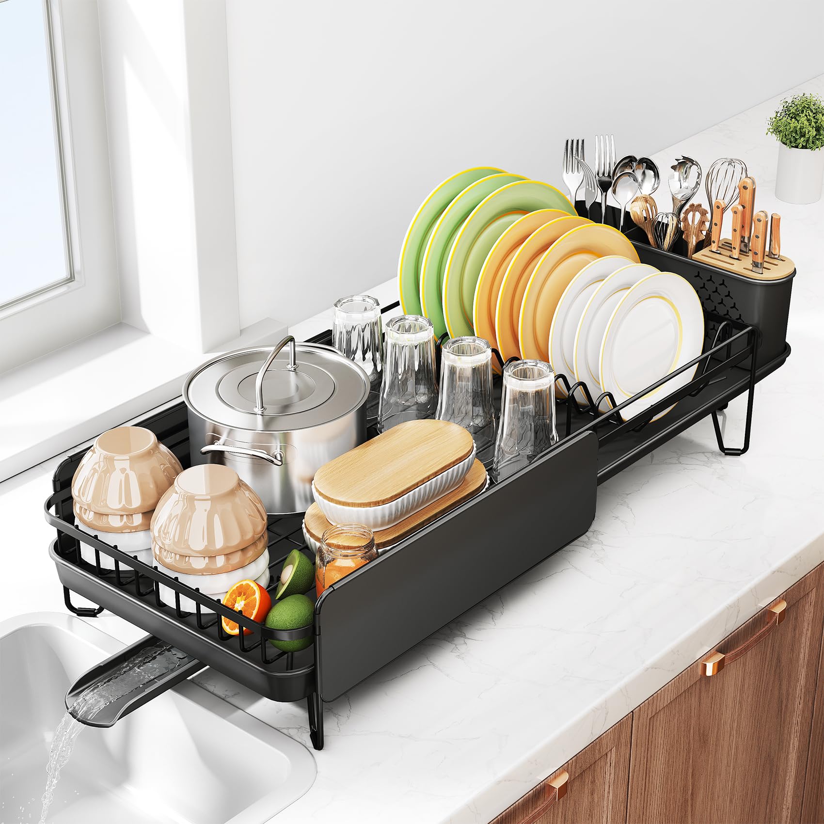 SNTD dish-drying-rack-expandable-length on counter provides flexible drying space.