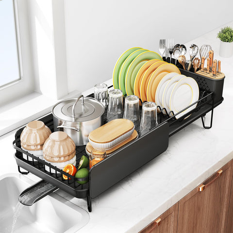 SNTD dish-drying-rack-expandable-length on counter provides flexible drying space.