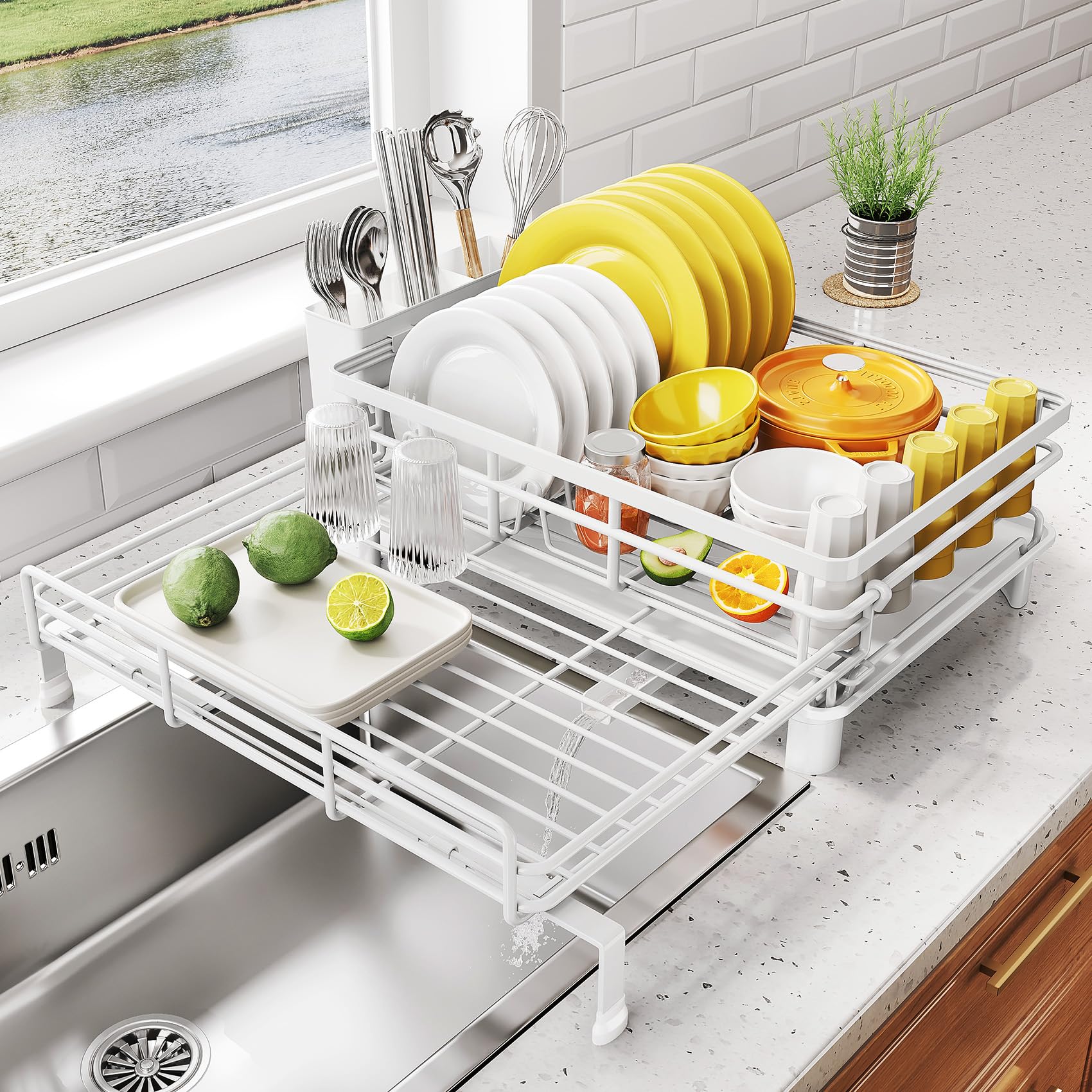 SNTD white extendable over-sink dish rack with large capacity for plates