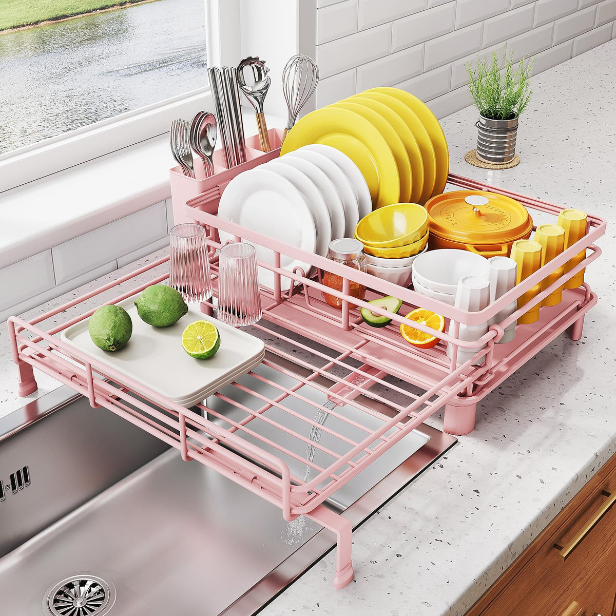 SNTD dish drying rack extendable over sink shows spacious capacity for plates and bowls