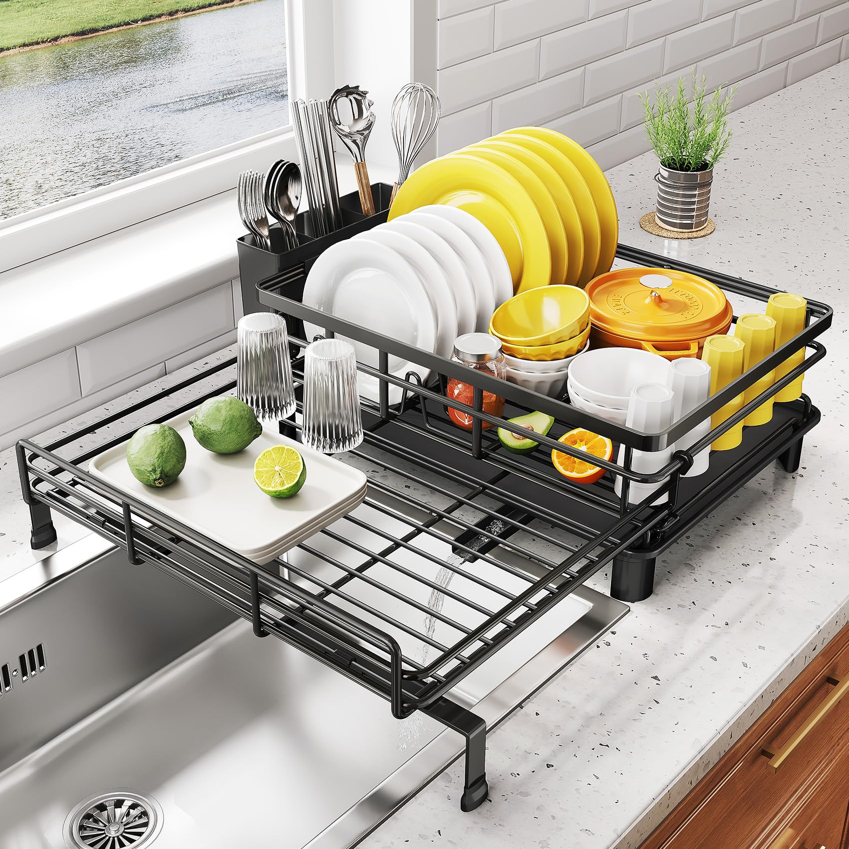 SNTD extendable over-sink dish drying rack shown in black for organized counter space