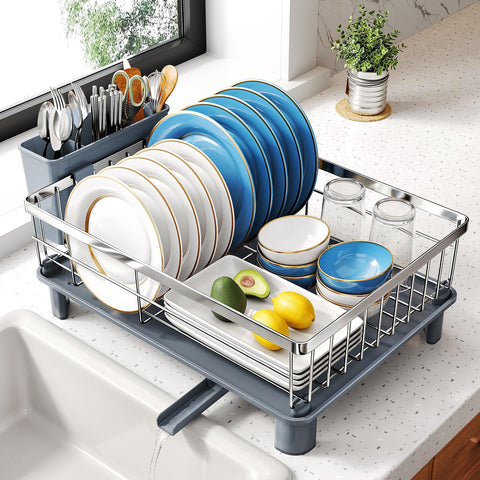 SNTD dish drying rack front view highlighting compact steel design for space-saving counters