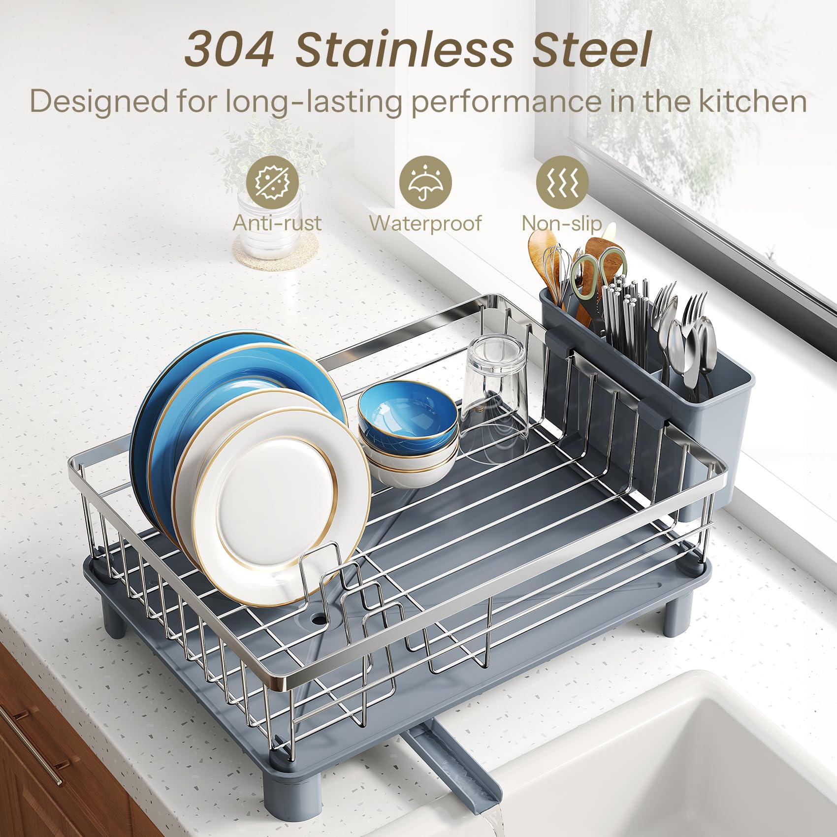 SNTD dish drying rack in use on a compact kitchen counter