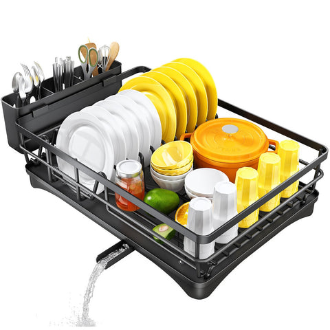 SNTD dish drying rack in-use demonstrates organized countertop setup.