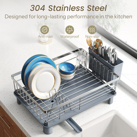 SNTD dish drying rack in use on a compact kitchen counter