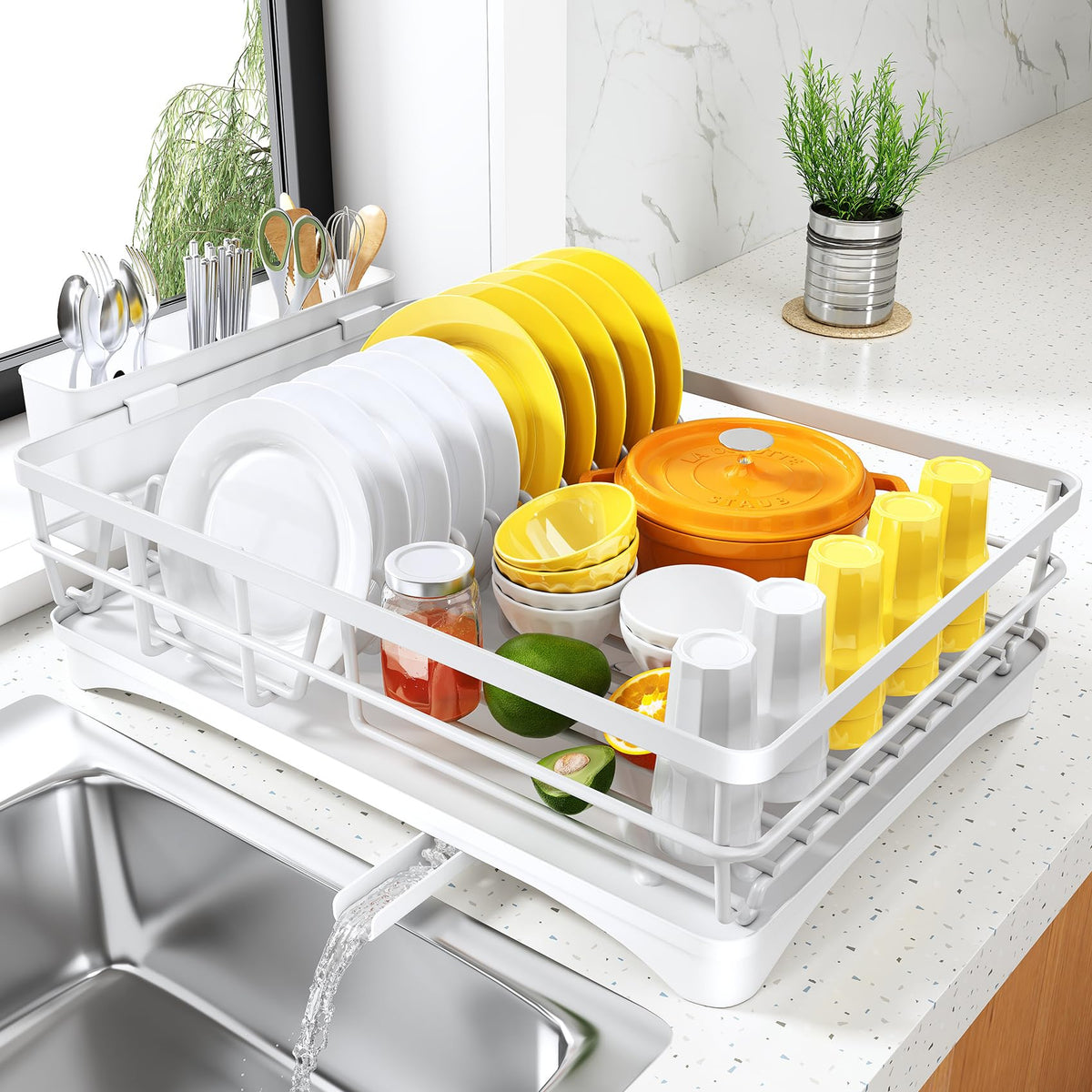 SNTD dish drying rack front view with large capacity for plates and bowls.