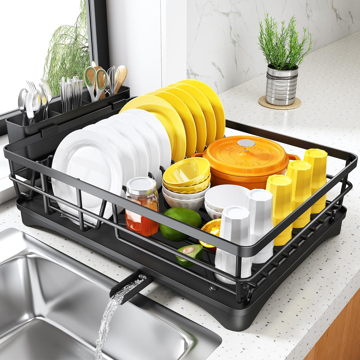 SNTD dish drying rack with large-capacity fits tight counters.