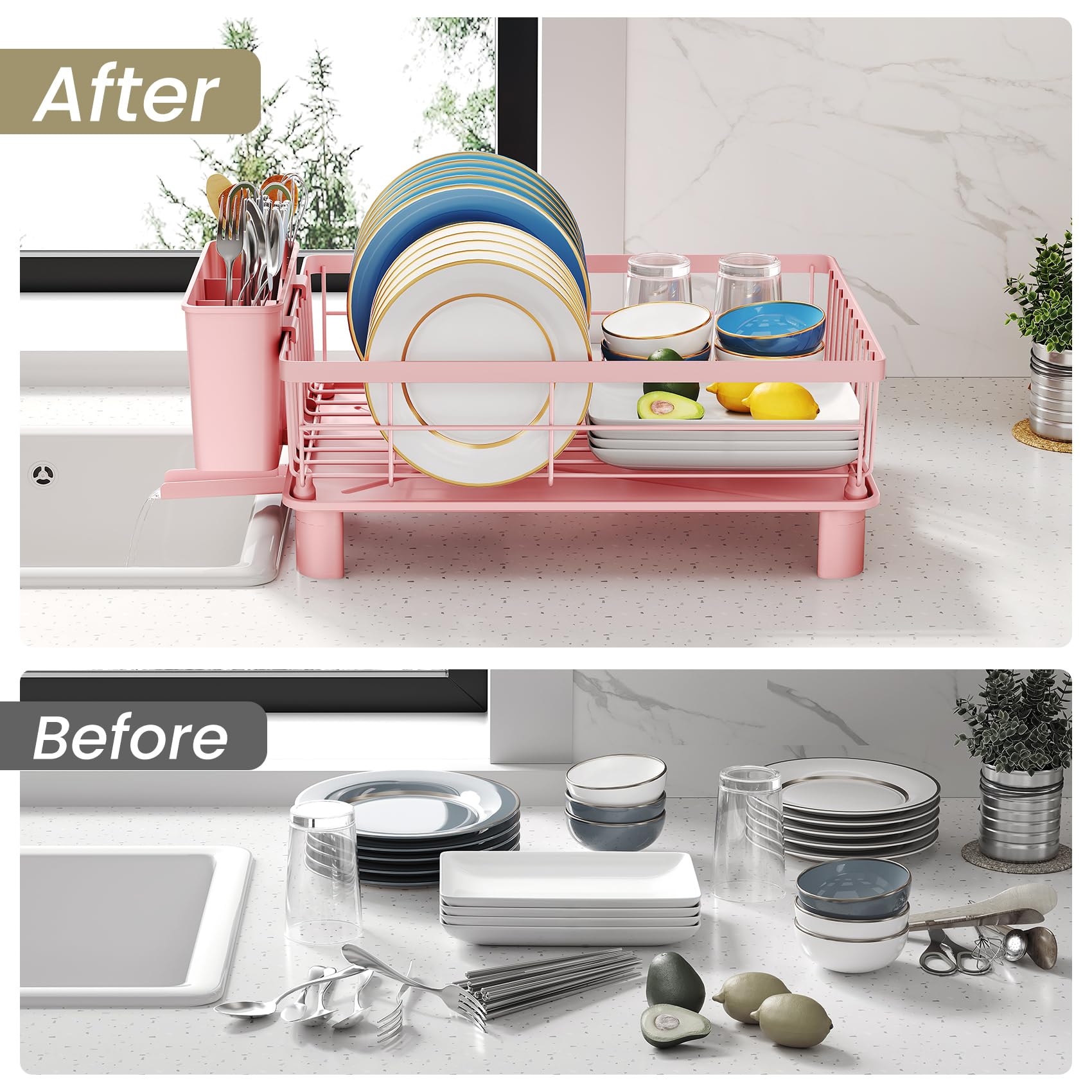 SNTD pink drainer supports up to 10 plates, bowls, and cups.