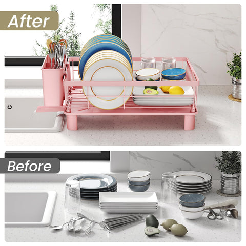 SNTD pink drainer supports up to 10 plates, bowls, and cups.
