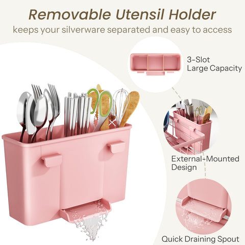 SNTD pink dish drying rack saves counter space in small kitchens.
