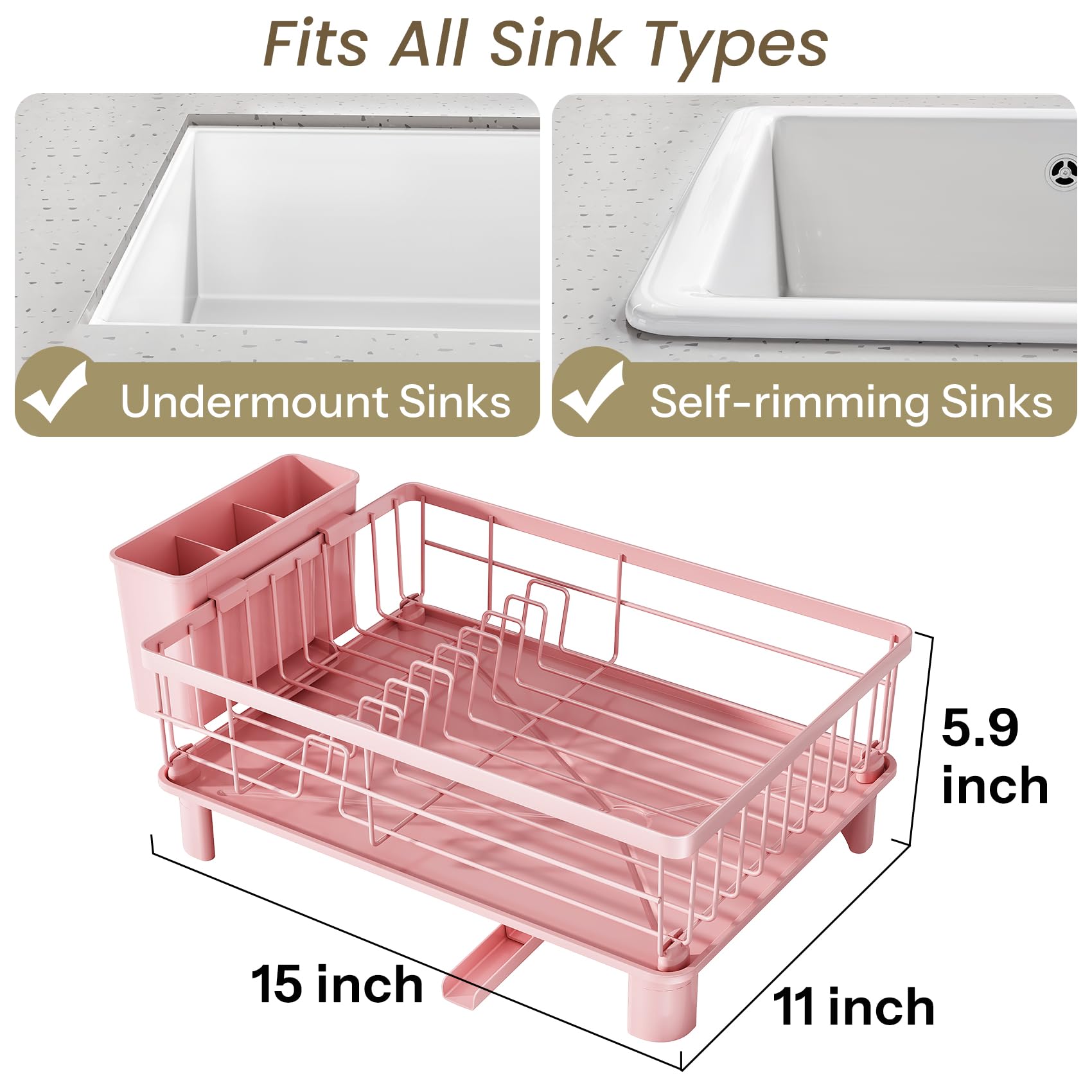 SNTD pink rack shows angled drainboard directing water into sink for tidy counters.
