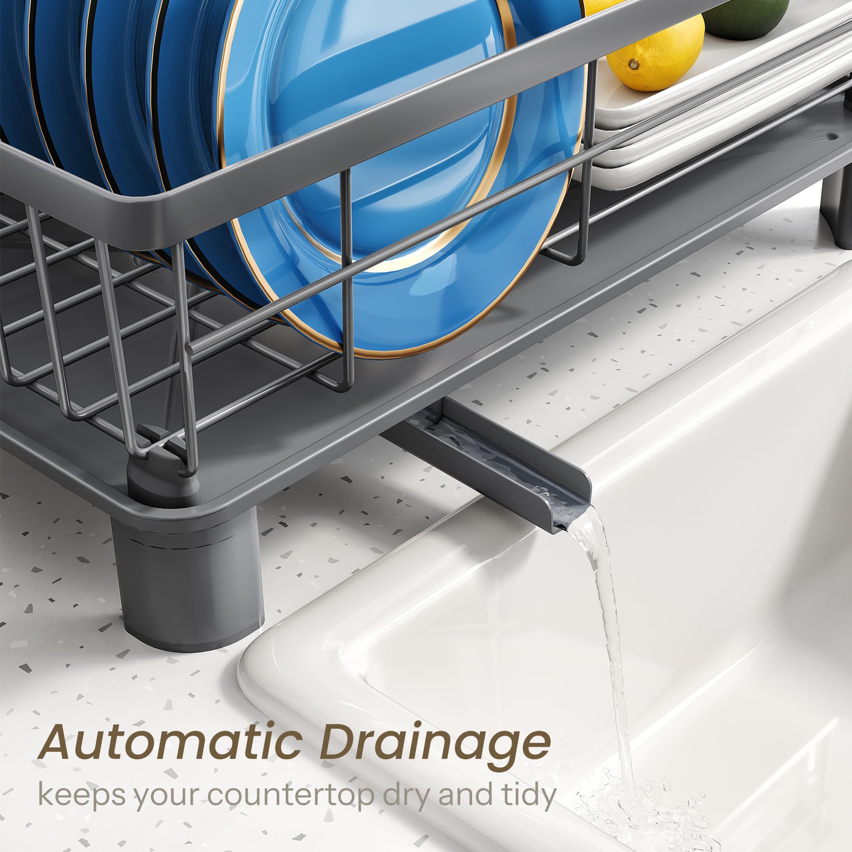 SNTD dish drying rack plastic drainboard channels water away for easy cleanup.