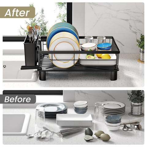 SNTD dish drying rack with three-compartment utensil holder keeps utensils organized