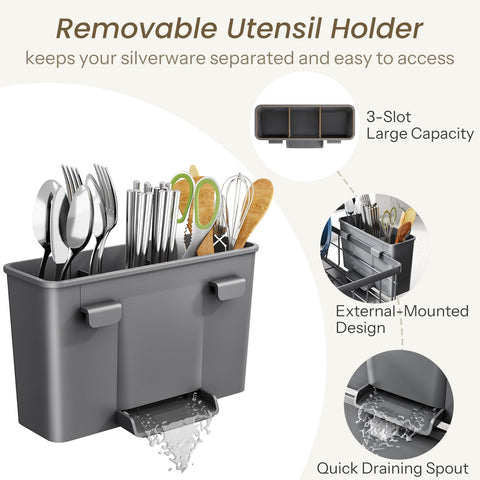 SNTD dish drying rack removable utensil holder with three compartments keeps flatware organized.